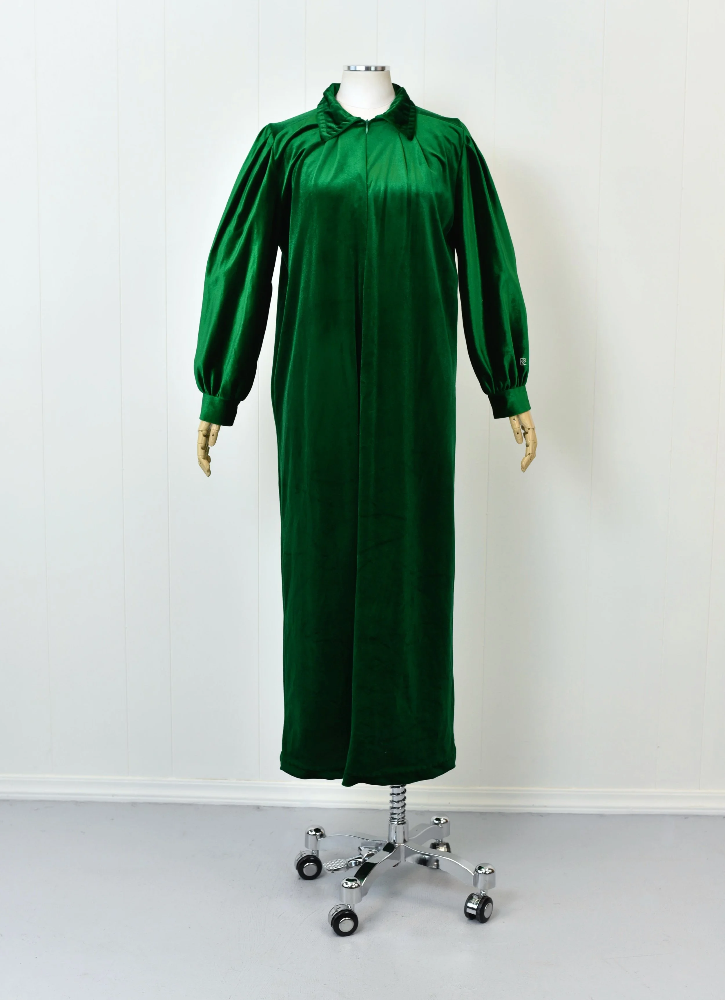1980s Pierre Cardin Emerald Green Velvet Zip Front House Dress